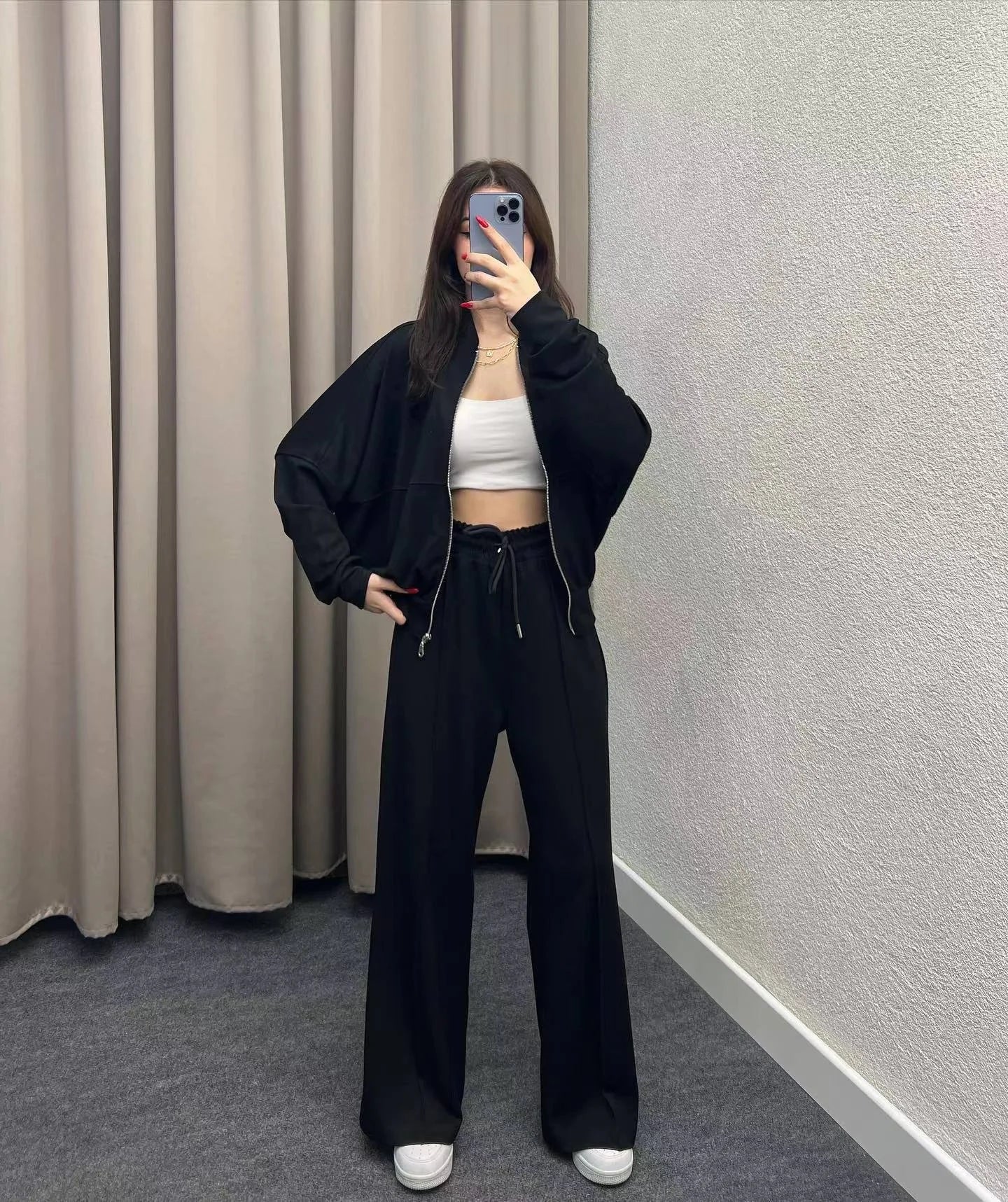 Conjunto de Suéter y Pantalones de Color Sólido con Cremallera BASIC para Mujeres