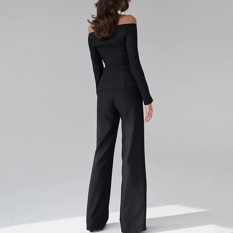 Ensemble Pantalon à Manches Longues en Couleur Unie pour Femmes