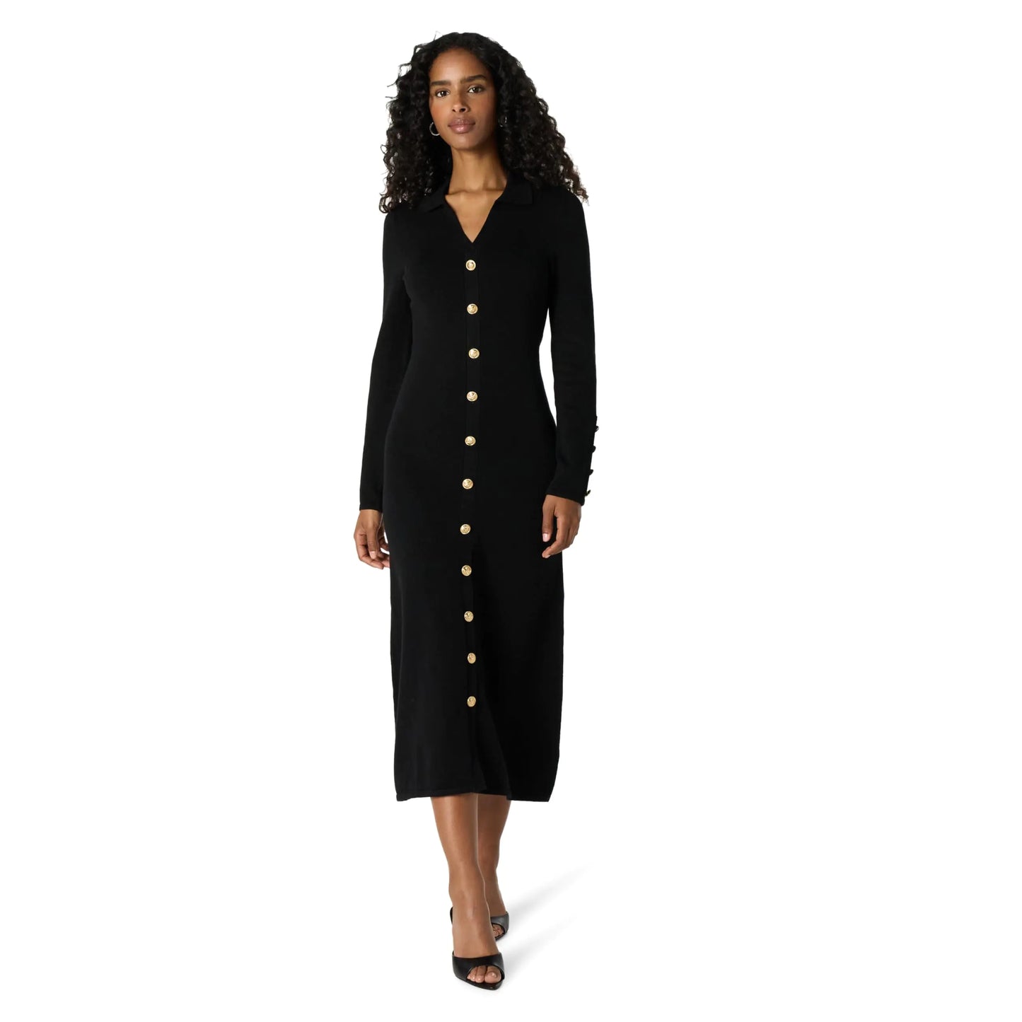 Robe midi en tricot noir et or à boutons pour femmes de The Drop