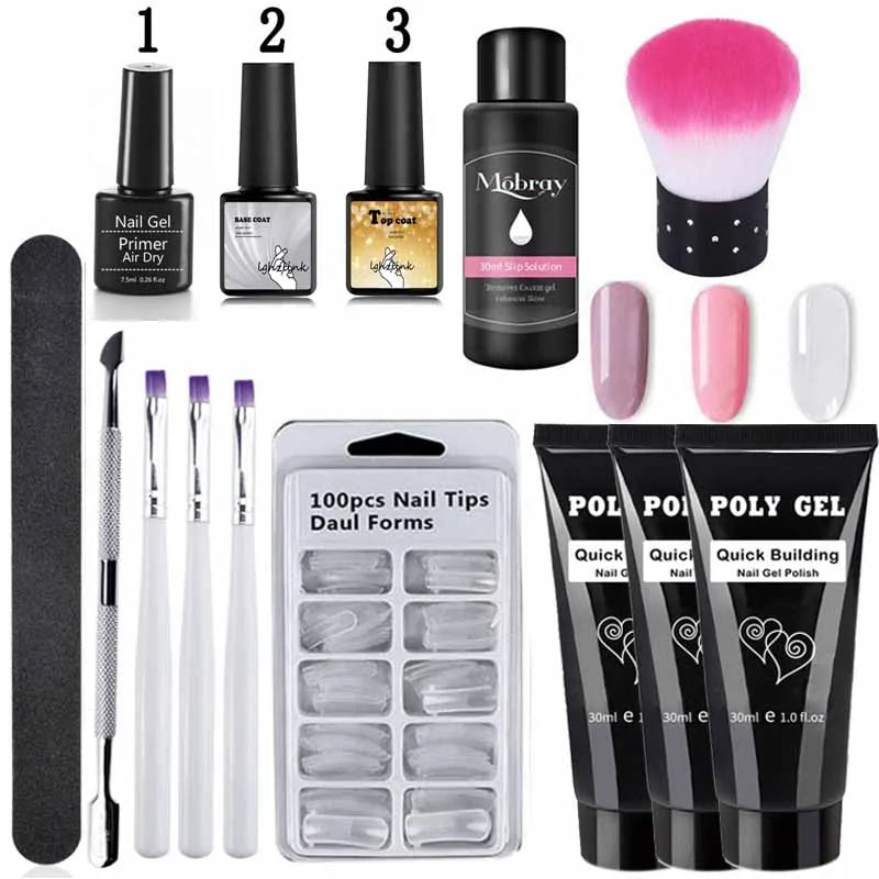 Kit de Poly Gel pour Nail Art Français avec Pinceau UV et Conseils d'Ongles