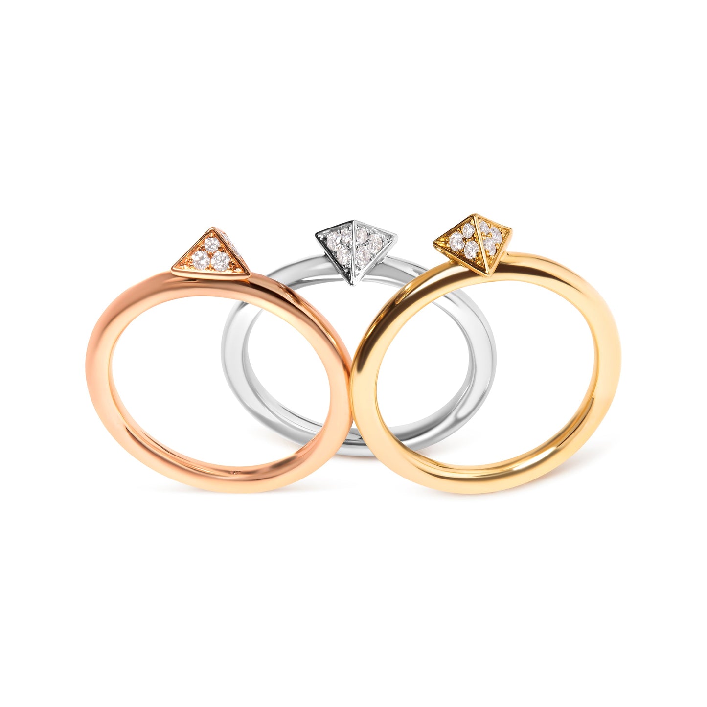 14K Tri Color Gold Diamond Pyramid Stackable Band Ring Set - Size 7