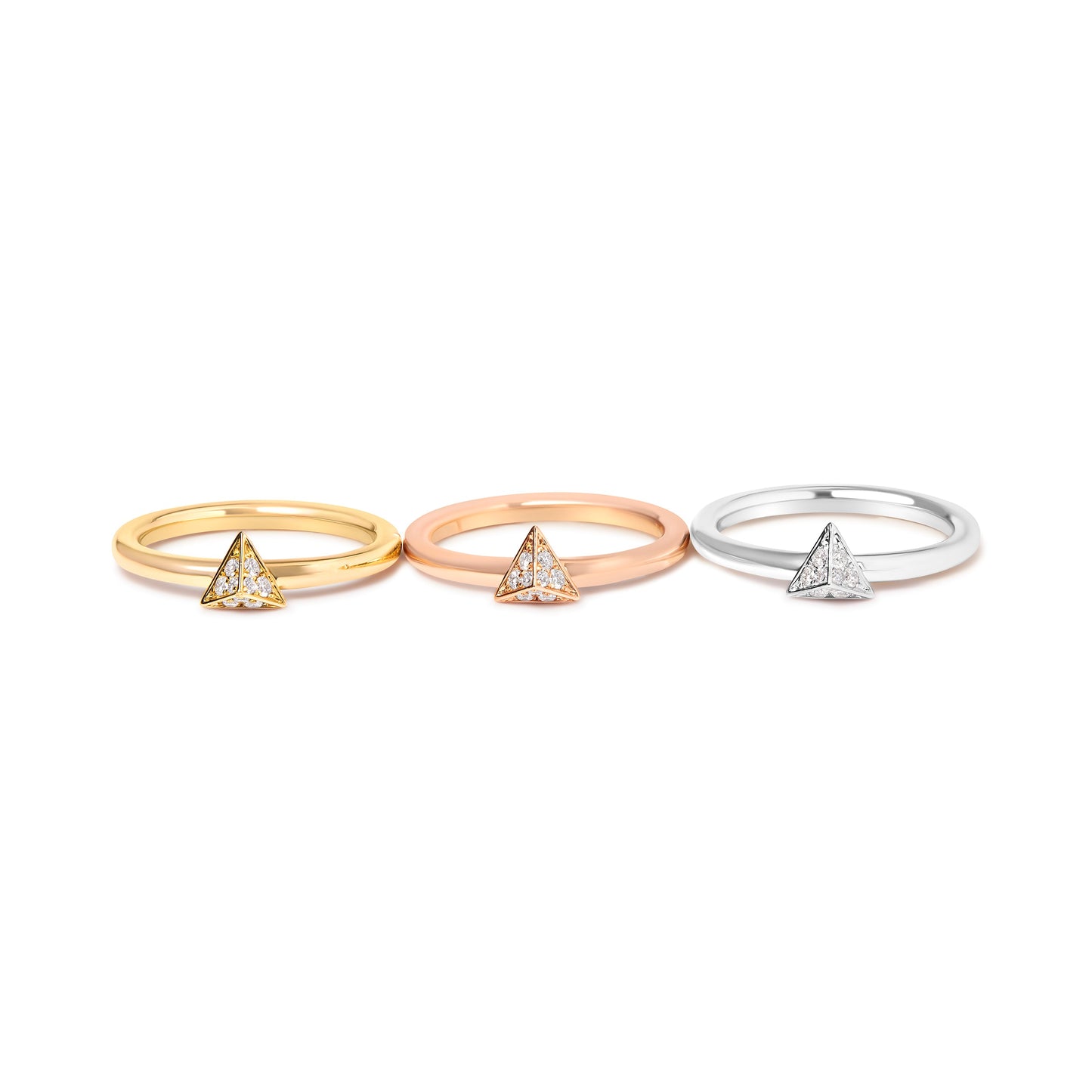 14K Tri Color Gold Diamond Pyramid Stackable Band Ring Set - Size 7