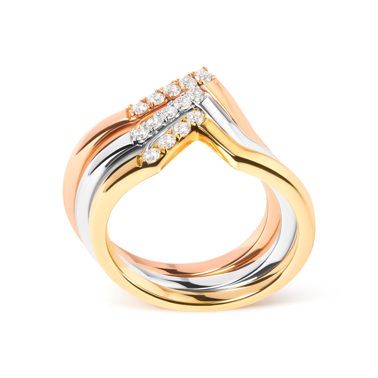 14K Gold Diamond Geometrical Chevron V Stackable Band Ring Set - Size 7