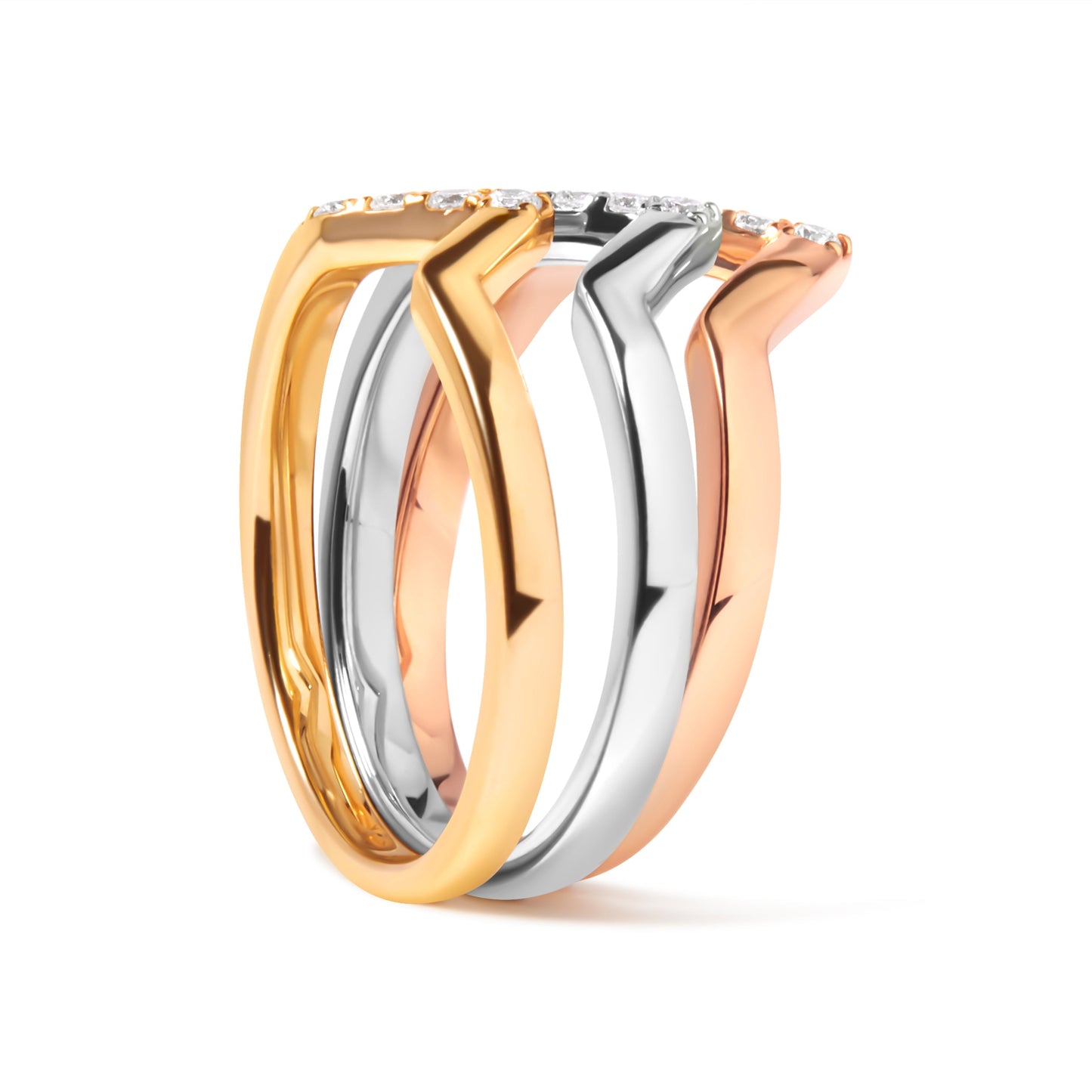 14K Gold Diamond Geometrical Chevron V Stackable Band Ring Set - Size 7
