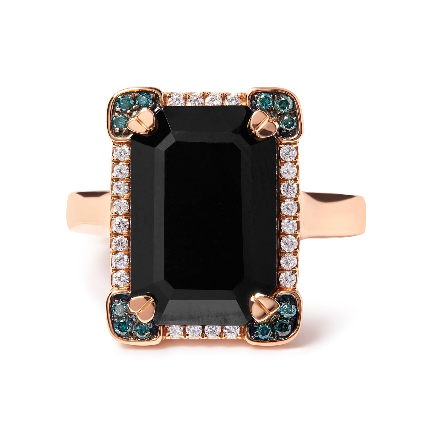 Anillo de cóctel de ónice negro y diamantes con halo en oro rosa de 14K - Talla 7