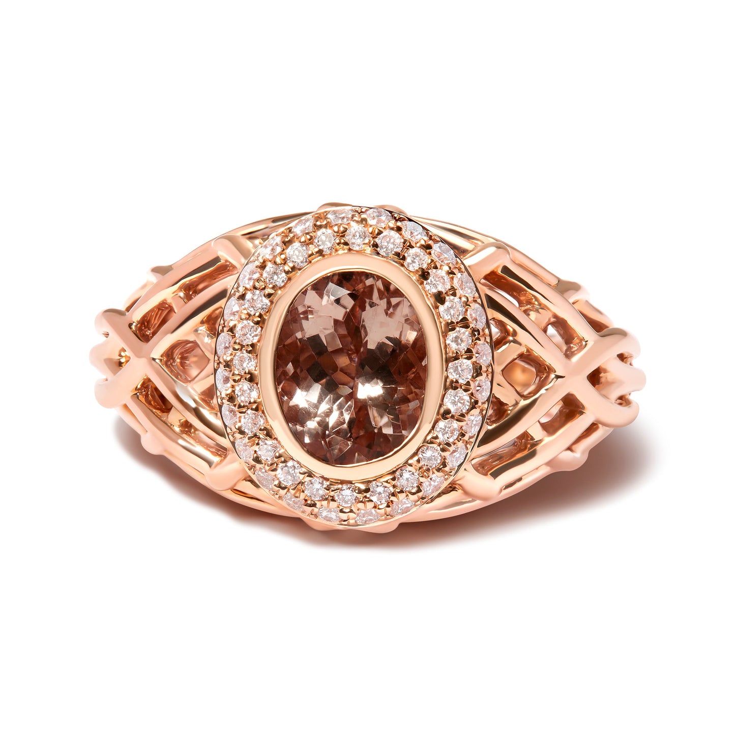 14K Rose Gold Light Pink Morganite & Diamond Halo Cocktail Ring - Size 7