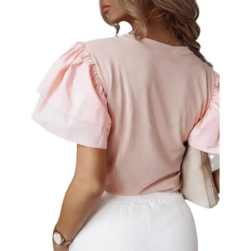 Blusa Sólida Elegante de Cuello Redondo para Oficina