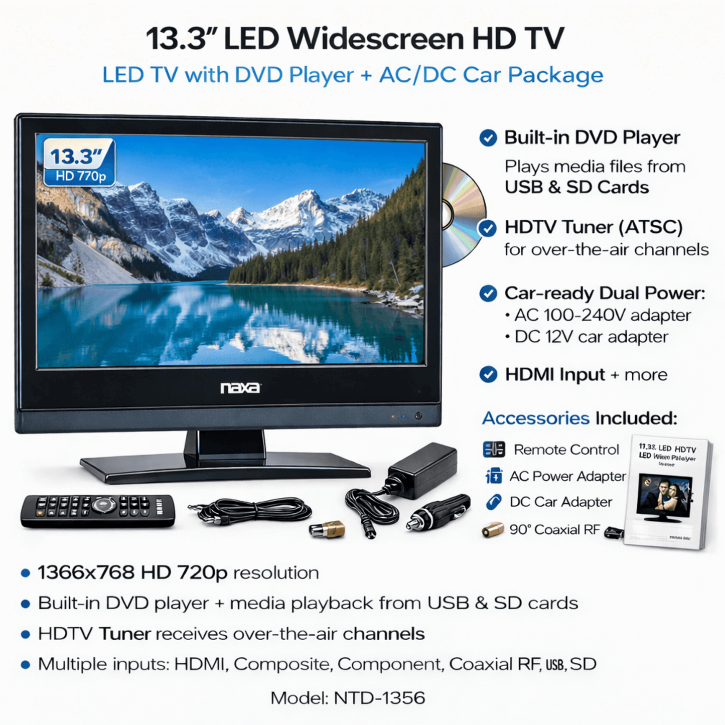 Téléviseur LED HDTV Naxa 13,3 pouces 12V AC/DC avec lecteur DVD