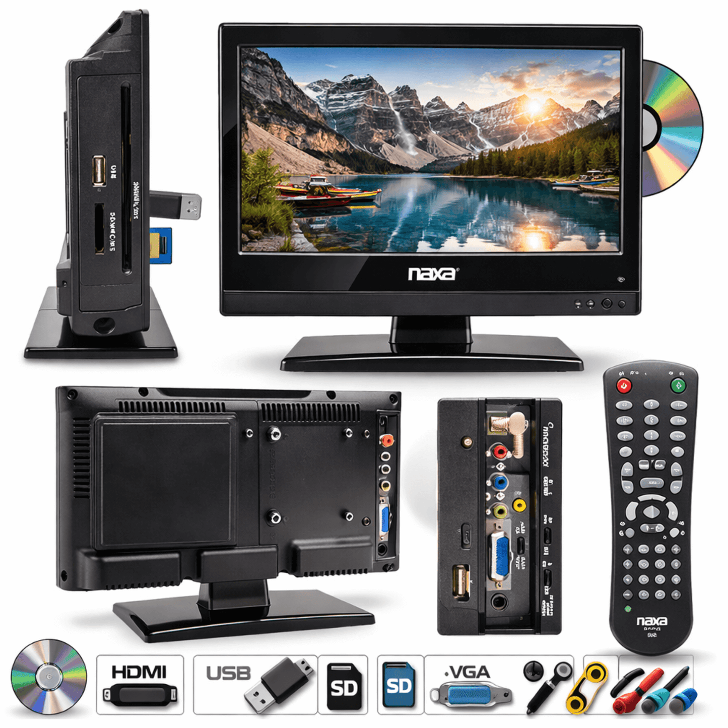 Téléviseur LED HDTV Naxa 13,3 pouces 12V AC/DC avec lecteur DVD