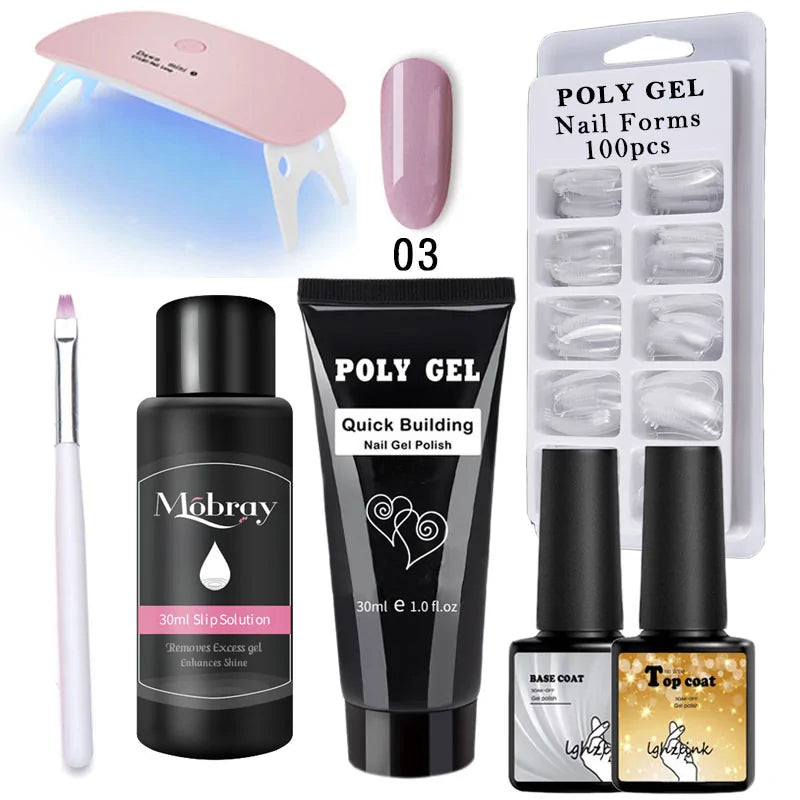 Kit de Poly Gel pour Nail Art Français avec Pinceau UV et Conseils d'Ongles