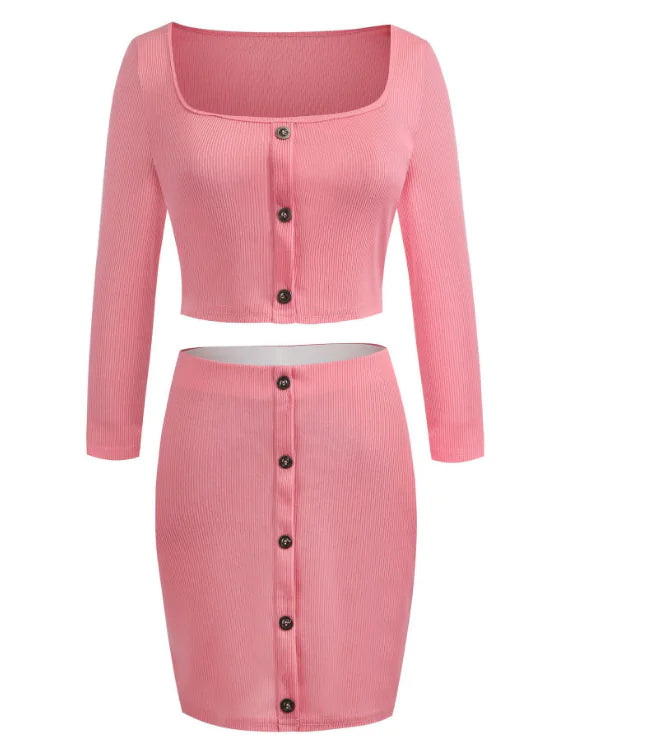 Conjunto de Falda con Mangas Largas y Hombros Descubiertos con Botones