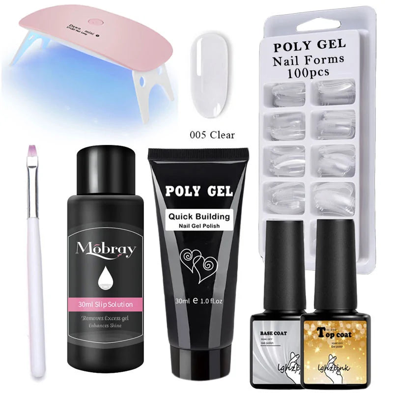 Kit de Poly Gel pour Nail Art Français avec Pinceau UV et Conseils d'Ongles