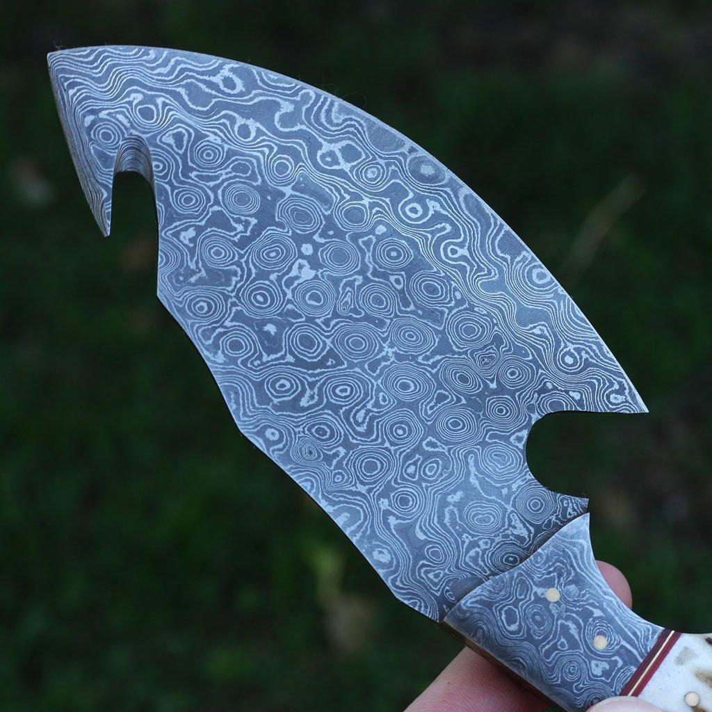 Premium Full Tang Handmade Raindrop Damascus Steel Guthook Skinner Knife - Korvel