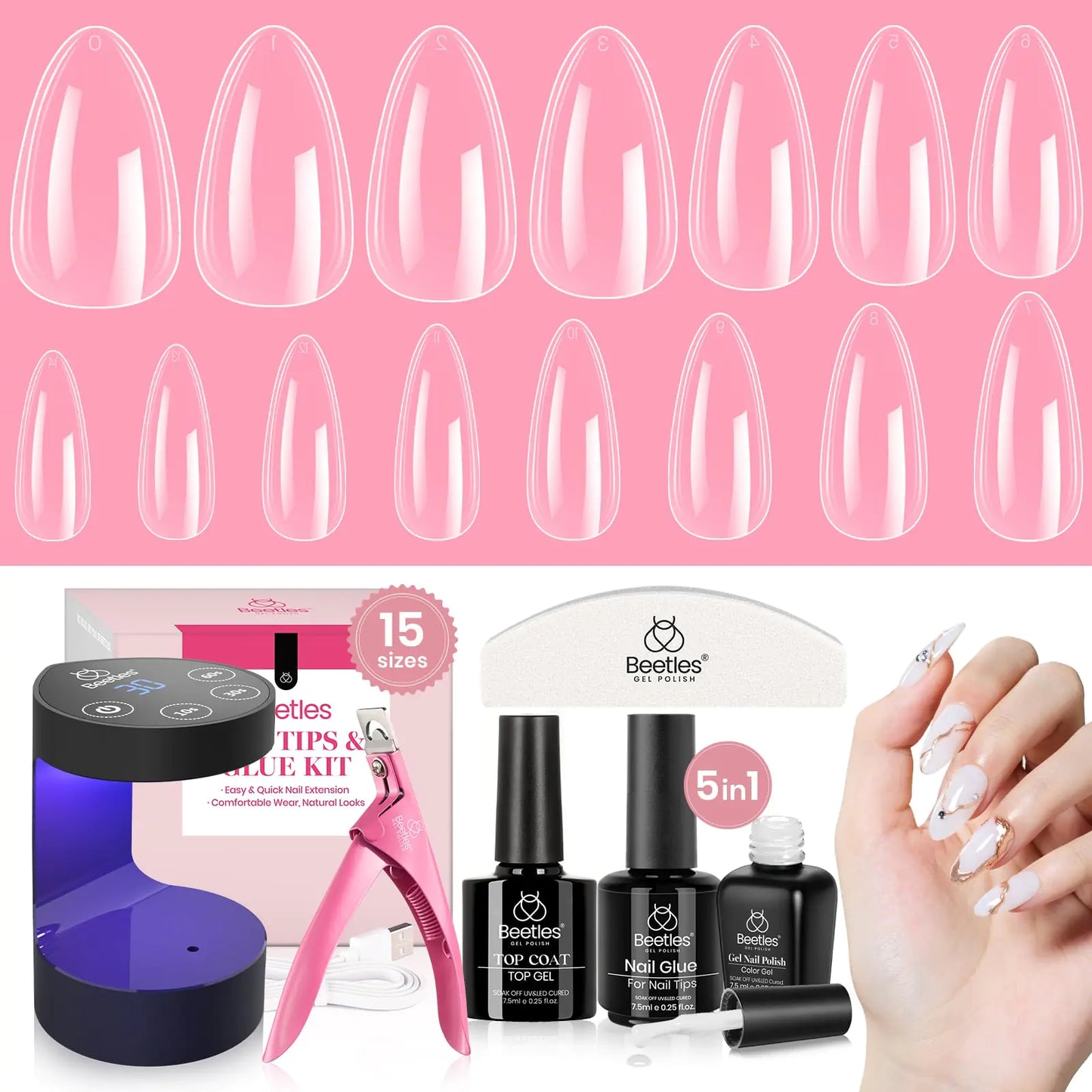 Kit de Uñas de Gel Beetles - 600 Piezas de Tips de Uñas Almendra Mediana y Esmalte de Gel Blanco Lec