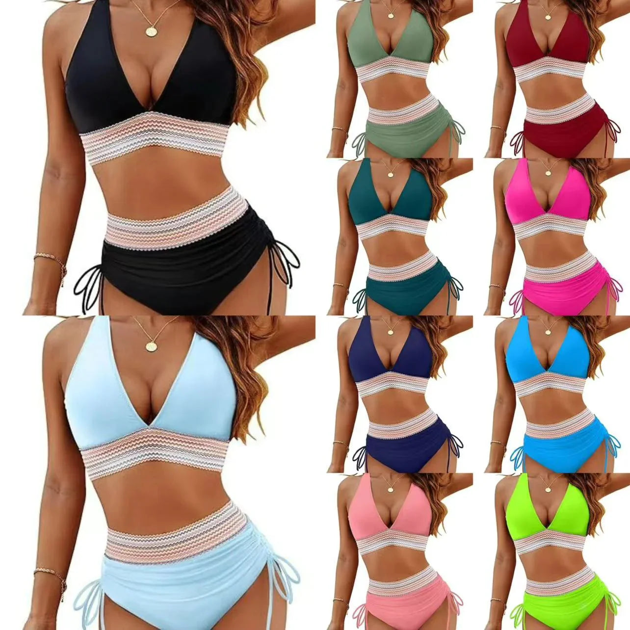 Color Block Drawstring Bikini Set
