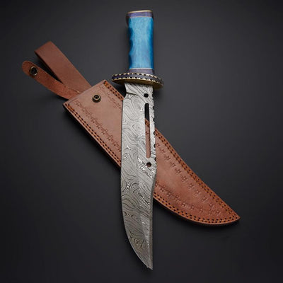 Custom Handmade Damascus Bowie Knife - Rambo First Blood Edition with Colored Bone Handle & Leather Sheath - Korvel