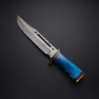 Custom Handmade Damascus Bowie Knife - Rambo First Blood Edition with Colored Bone Handle & Leather Sheath - Korvel
