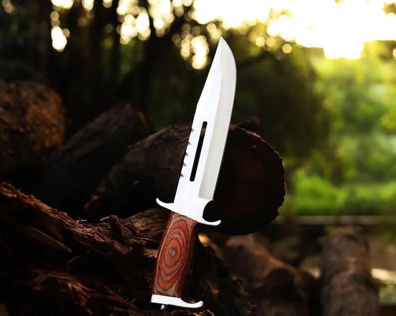 Legendary Rambo Bowie Knife - 12" D2 Steel Blade with Exotic Red Wood Handle - Korvel