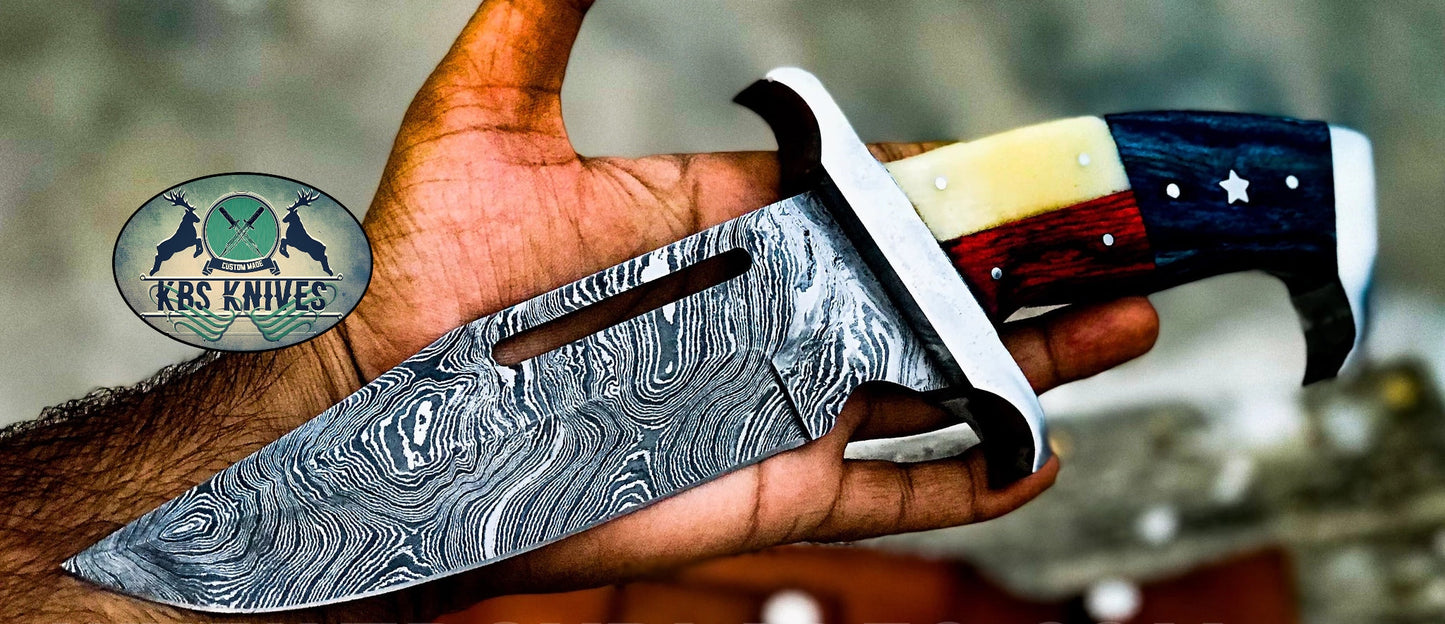 Texan Rambo Bowie Knife - Exquisite Handmade Damascus with Unique Wood & Bone Handle - Korvel