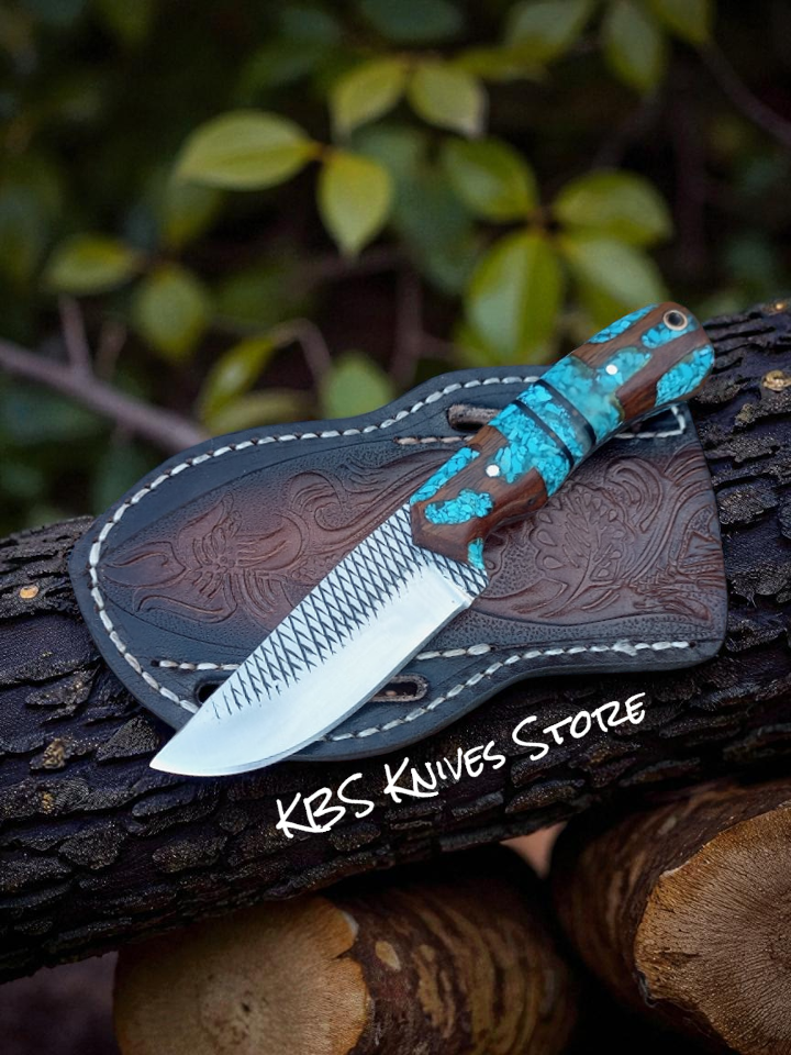 Handcrafted Ranch Knife with Turquoise Epoxy Rosewood Handle – 8.5" - Korvel
