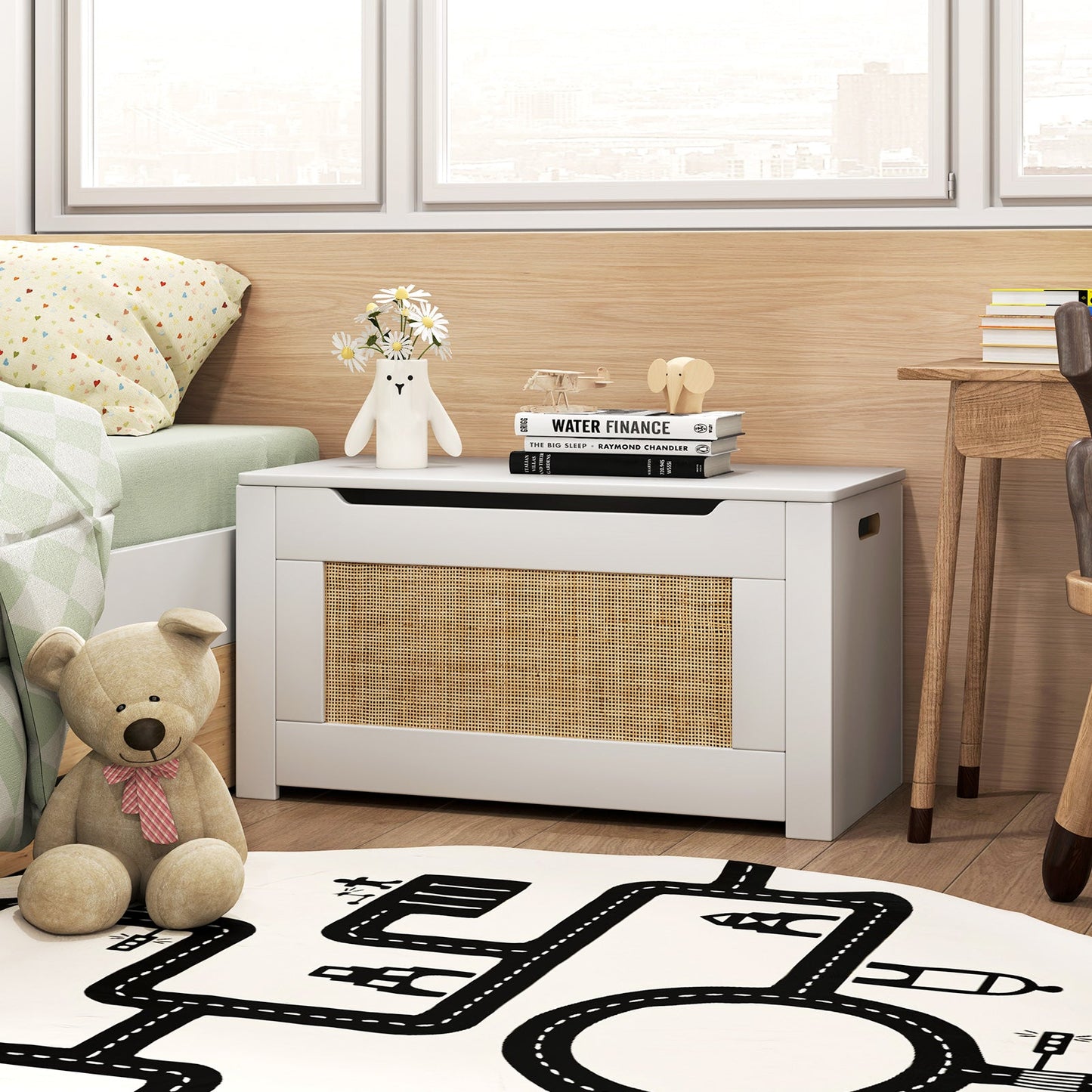 Caja de Almacenamiento de Juguetes de Rattan para Niños con Tapa Abatible - Blanca