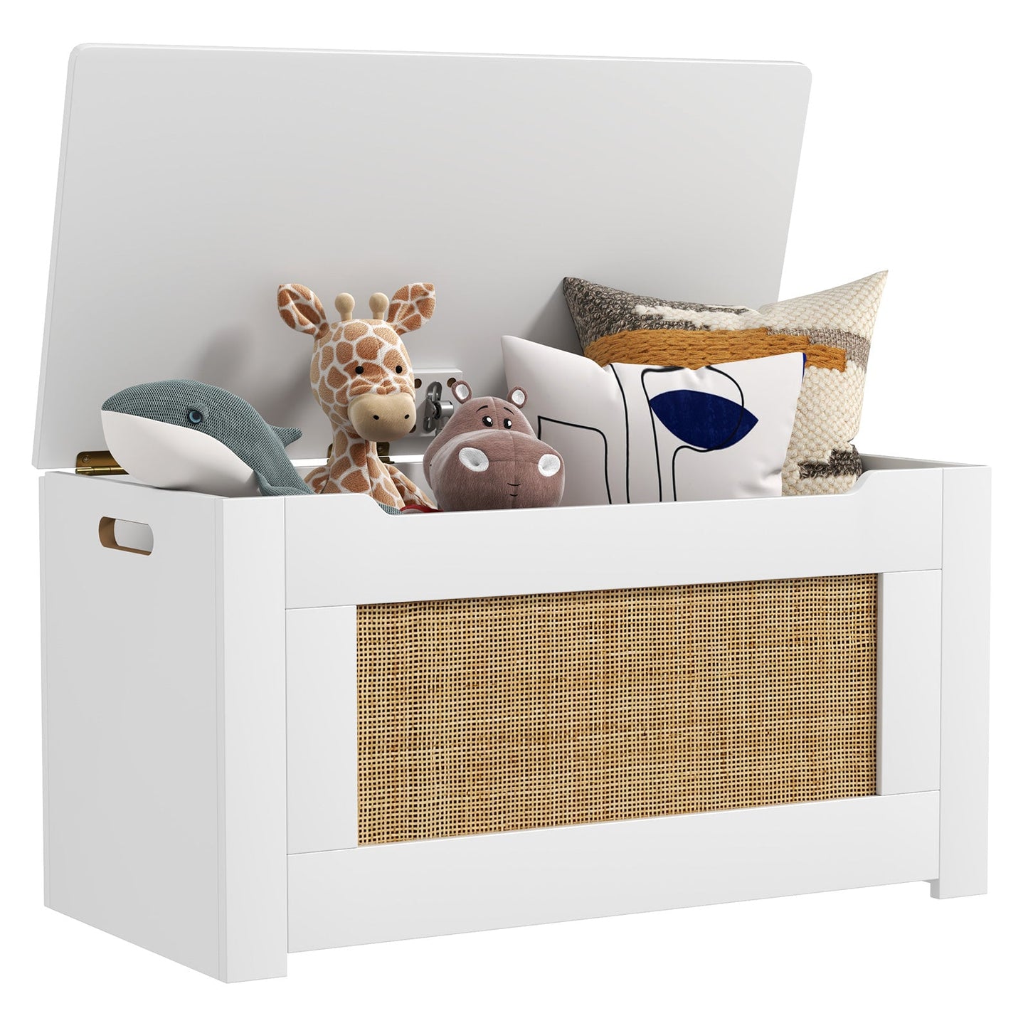 Caja de Almacenamiento de Juguetes de Rattan para Niños con Tapa Abatible - Blanca