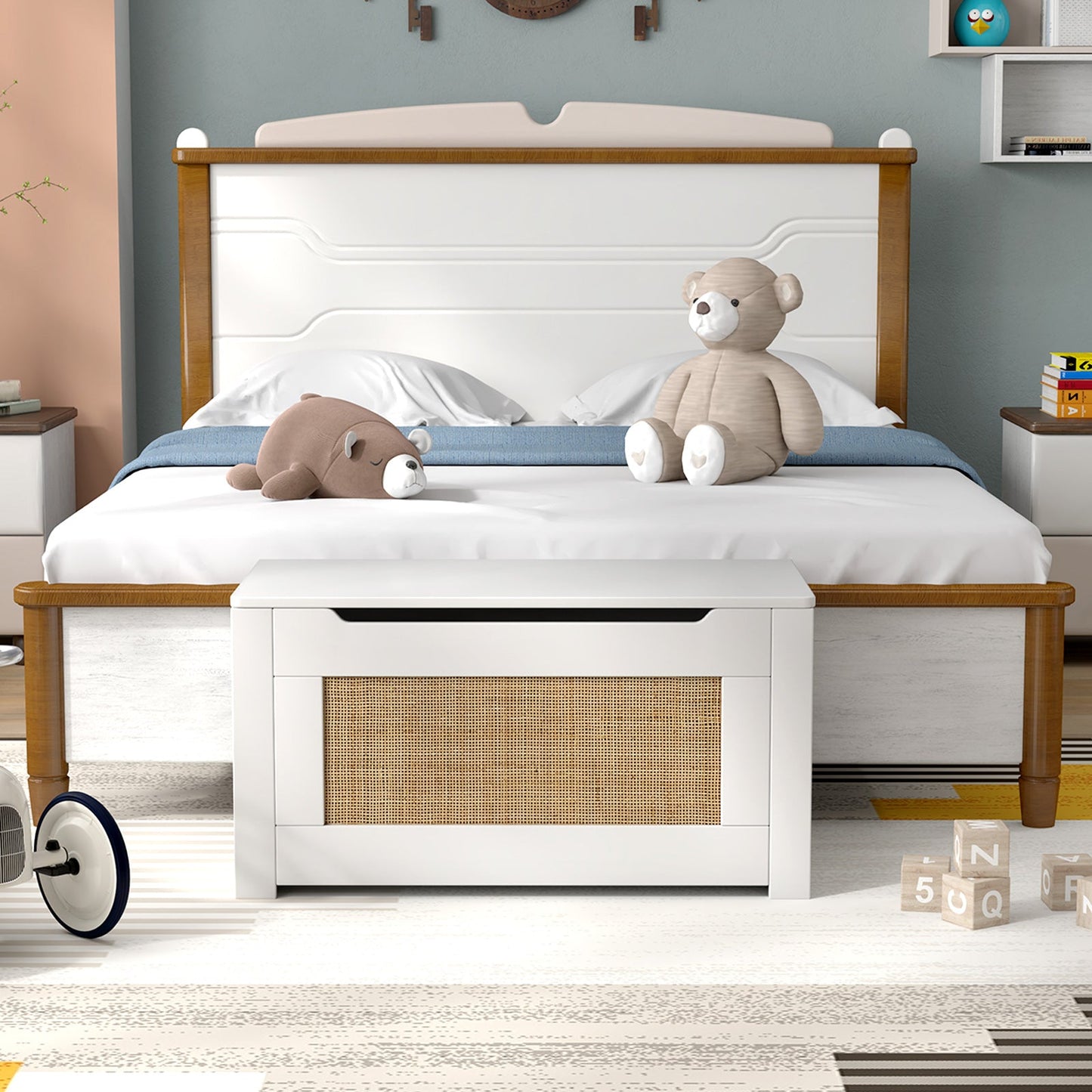 Caja de Almacenamiento de Juguetes de Rattan para Niños con Tapa Abatible - Blanca