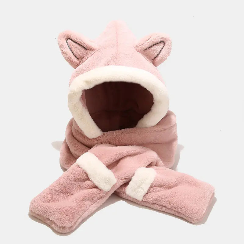 Gorro de Invierno de Peluche Adorable con Bufanda y Manoplas