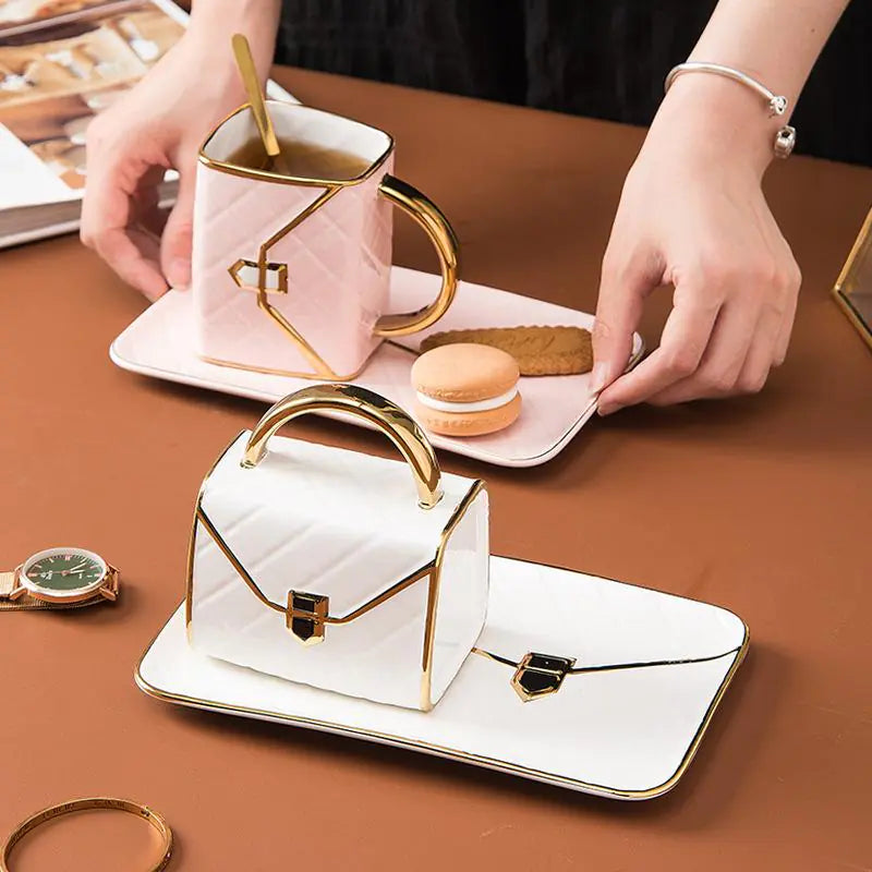 Creative Ceramic Coffee Mug and Saucer Set with Tray