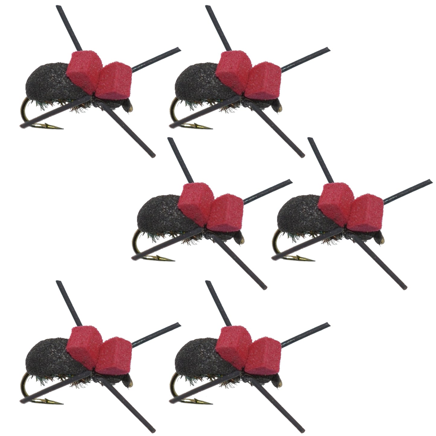 Essential Red Top Black Foam Beetle Dry Flies for Trout - Pack of 6 Size 14 - Korvel
