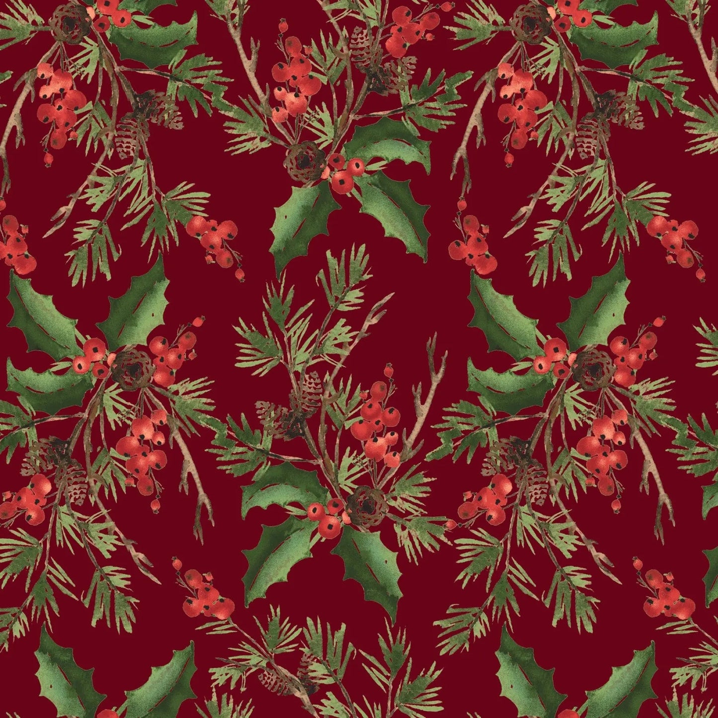 Tela de Algodón de Fondo Ancho con Diseño de Bouquet de Acebo Burdeos Rojo