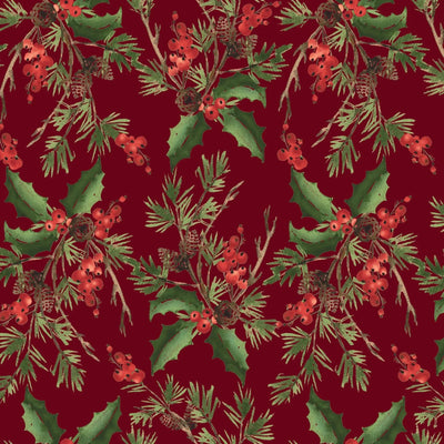Red Burgundy Holly Bouquet Cotton Wideback Fabric