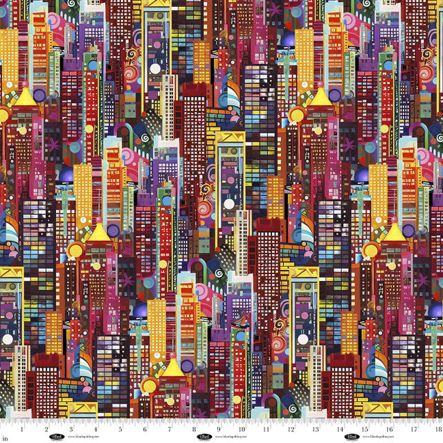 Tissu en coton Metro Mirage Red City Skyscrapers 44"/45" par yard