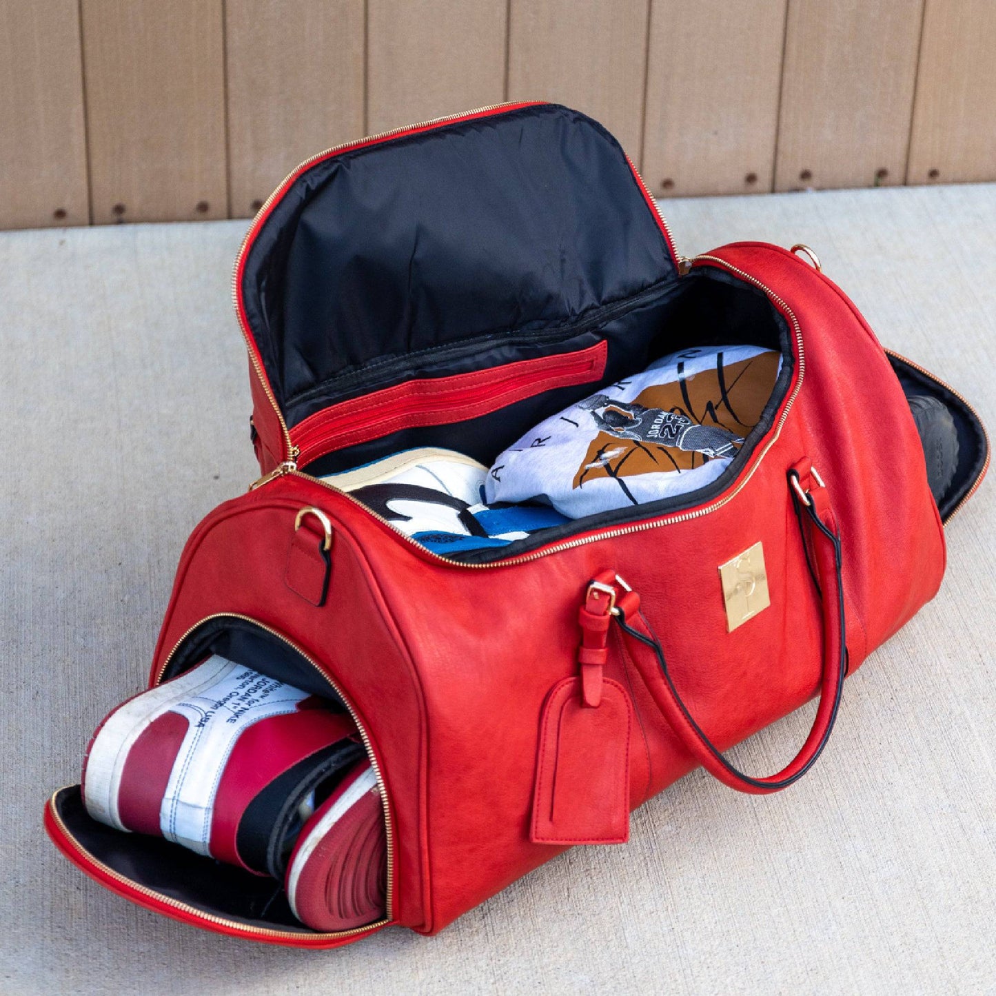 Red Tumbled Leather Weekender Duffle Bag - Korvel