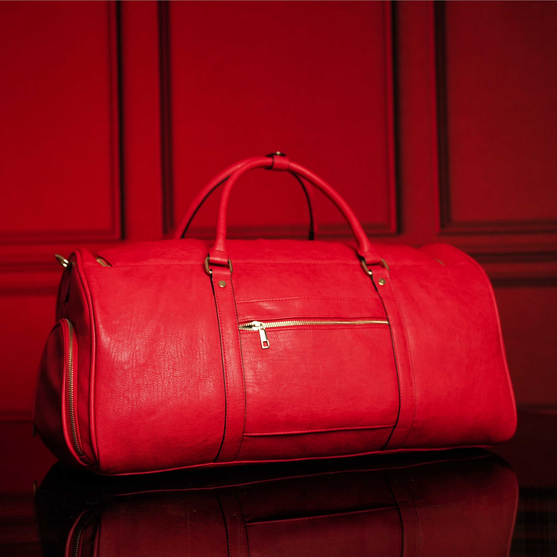 Red Tumbled Leather Weekender Duffle Bag - Korvel