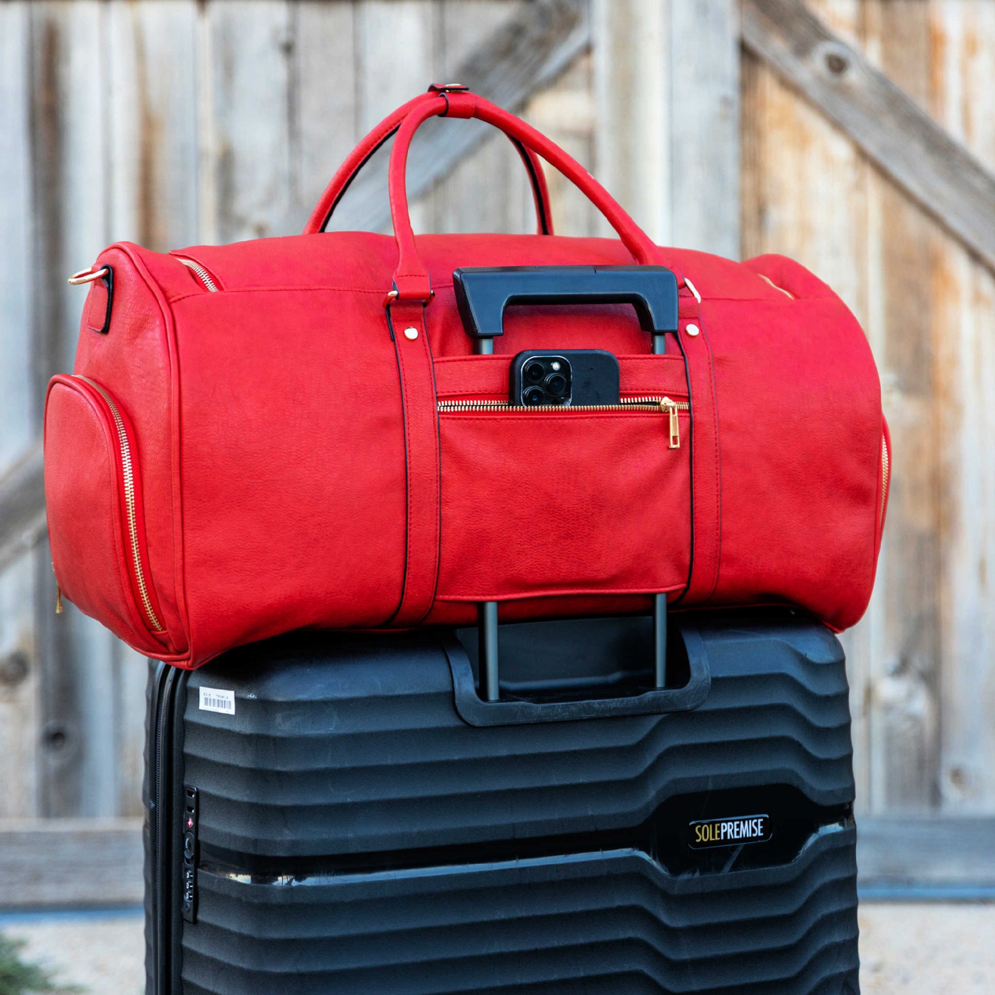 Red Tumbled Leather Weekender Duffle Bag - Korvel
