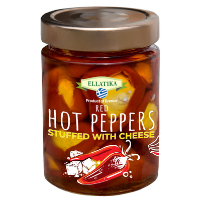 ELLATIKA Cheese-Stuffed Red Hot Bell Peppers – in Sunflower Oil – 11.28 oz Glass Jar