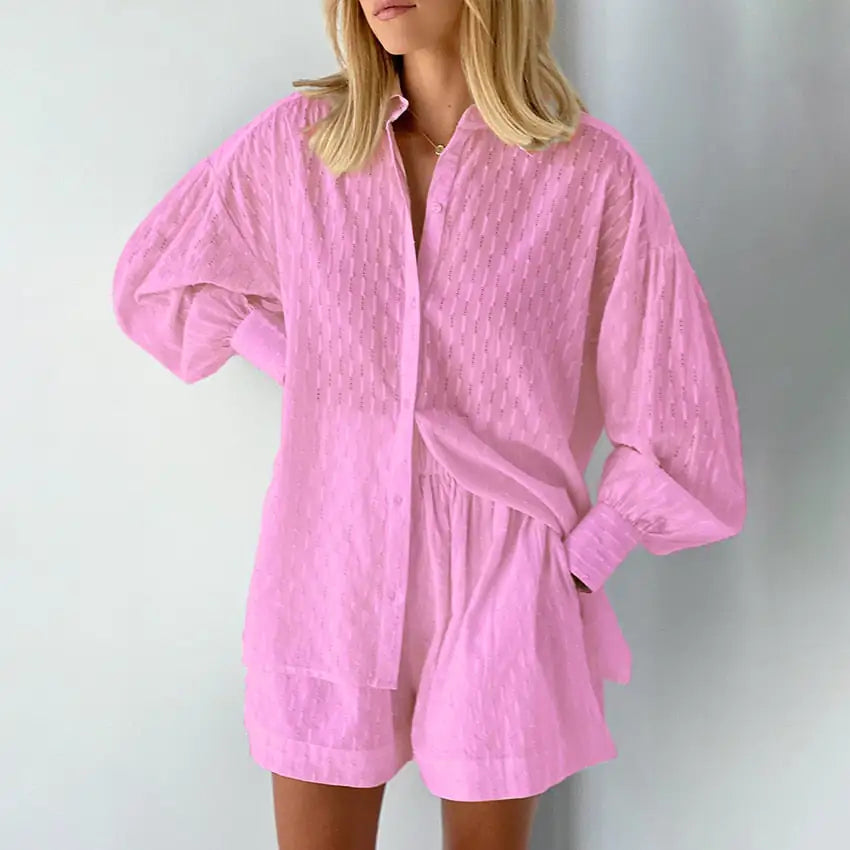 Lantern Sleeve Loose Shirt and Shorts Set