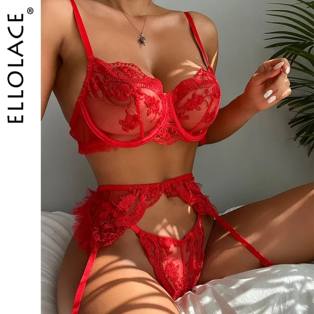 Ensemble de lingerie en dentelle rouge Ellolace pour femmes