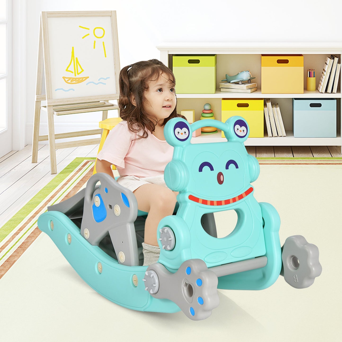 Ensemble de cheval à bascule et toboggan 4-en-1 pour enfants - Bleu