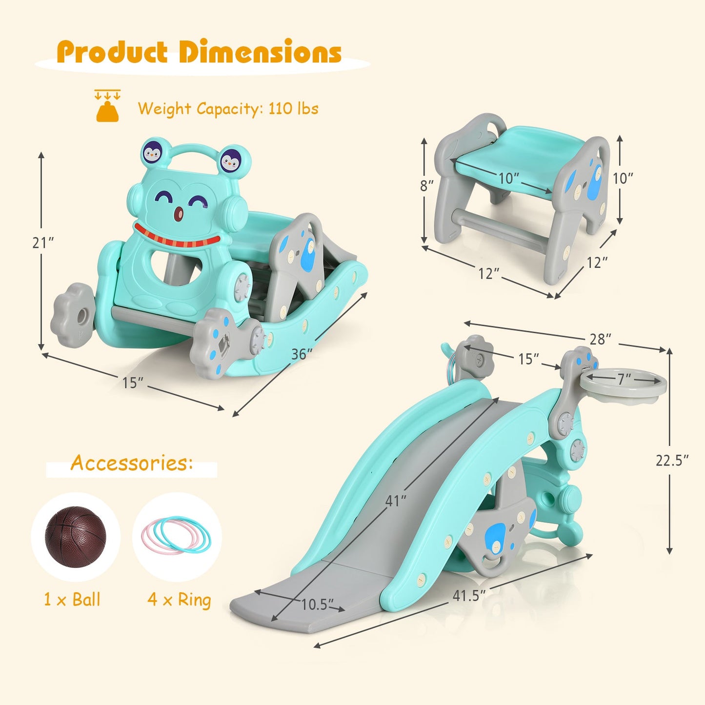 Ensemble de cheval à bascule et toboggan 4-en-1 pour enfants - Bleu
