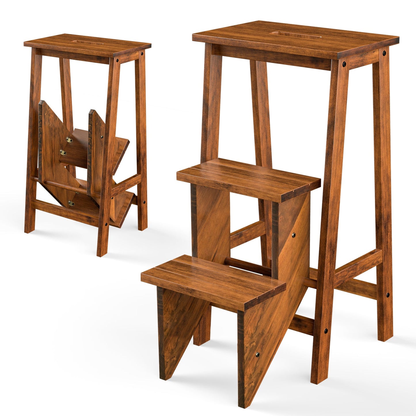 3-in-1 Rubber Wood Folding Step Stool Ladder - Coffee