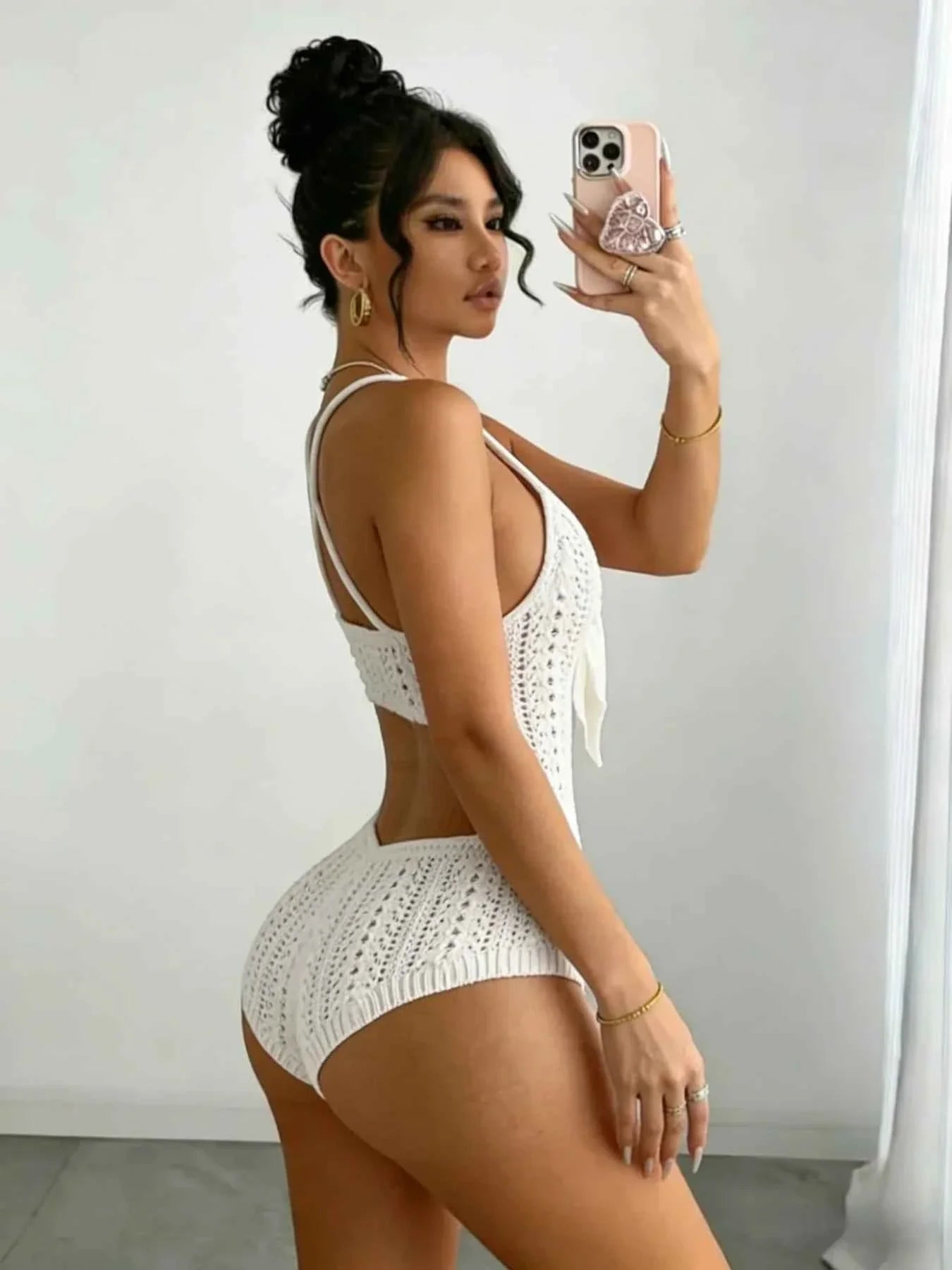 Boho Crochet Romper - White Front Tie Backless