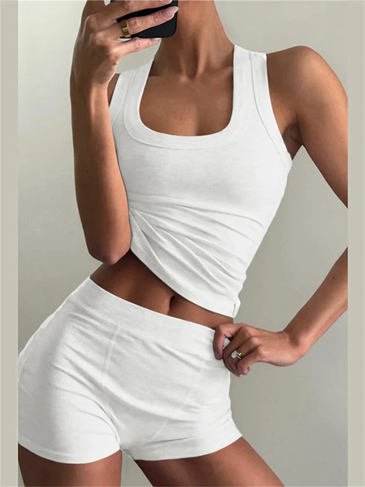 Conjunto de chándal de tanque y pantalones cortos de 2 piezas con canalé