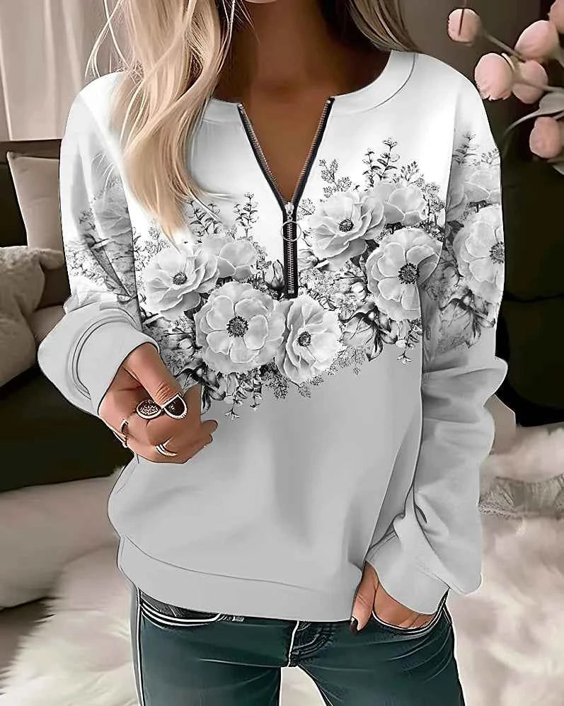 Floral Oversized Zip-Up Hoodie for Women