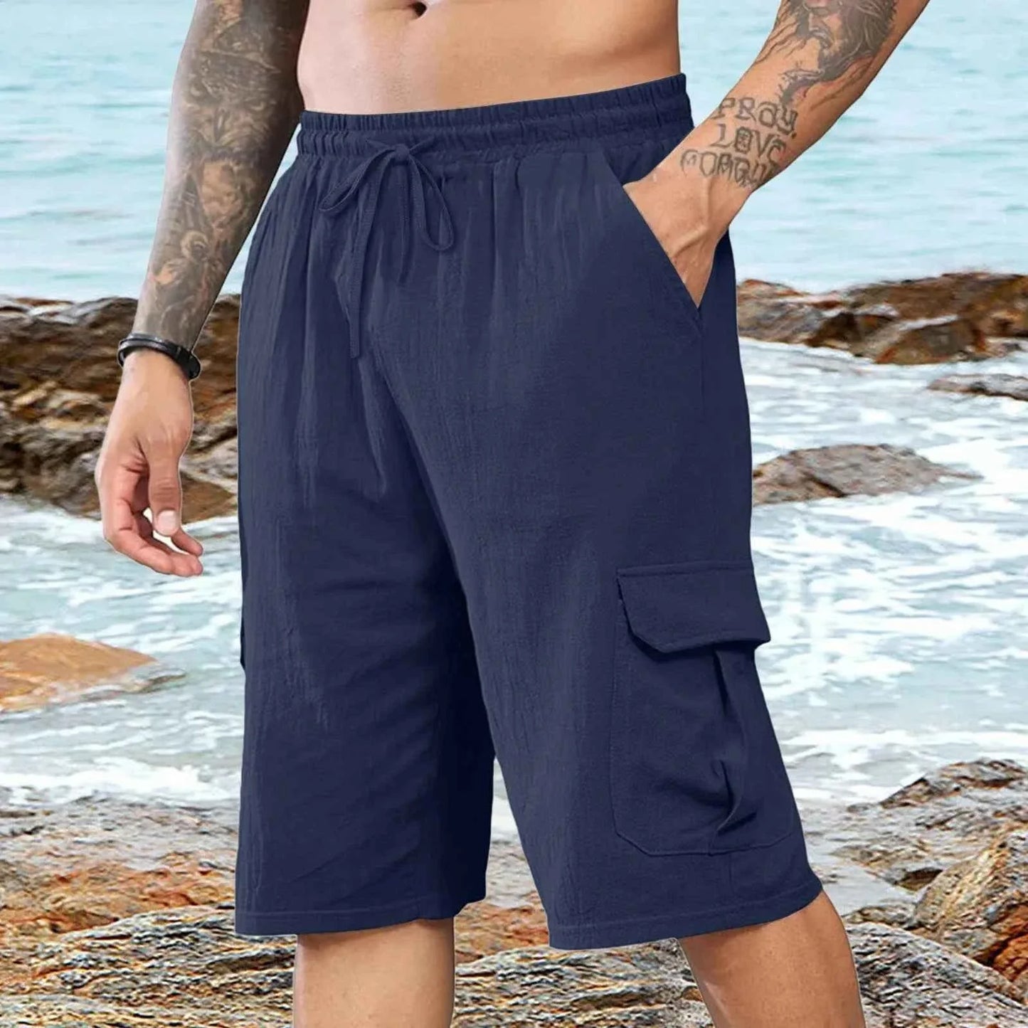 Shorts de plage en lin pour hommes avec taille élastique décontractée