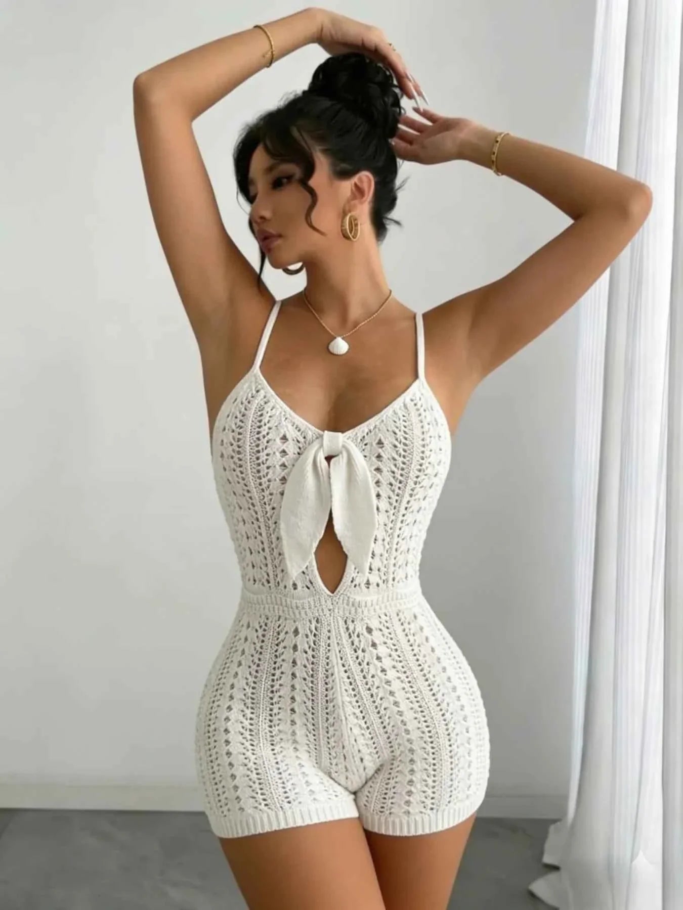 Boho Crochet Romper - White Front Tie Backless