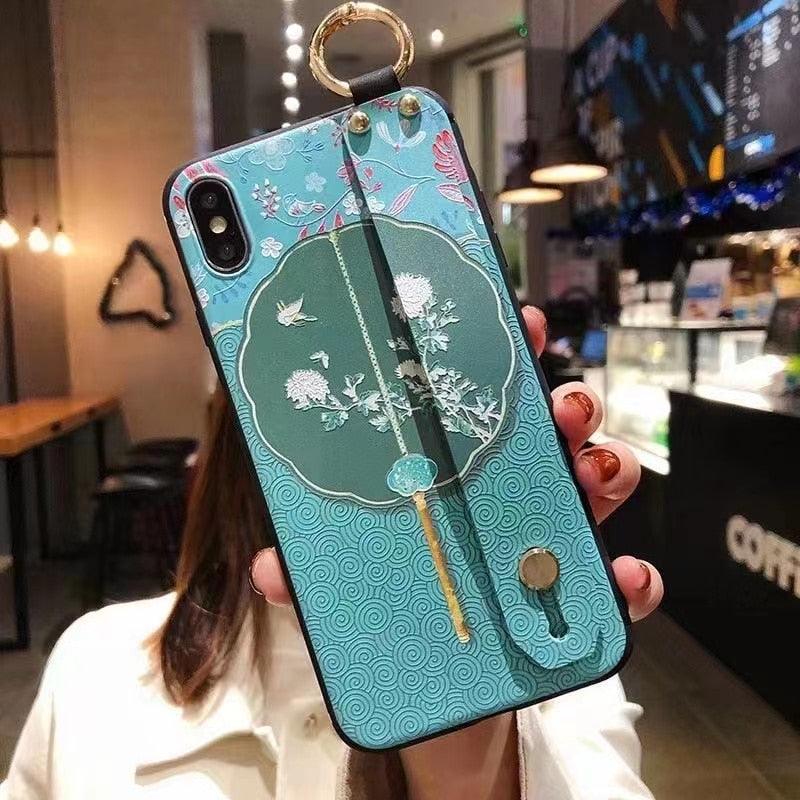 Cartoon Cat Wrist Strap Phone Case for iPhone