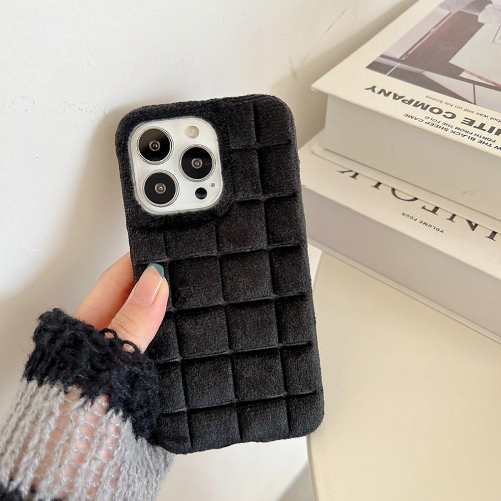 Plush Square Lattice Phone Case for iPhone - Soft & Stylish