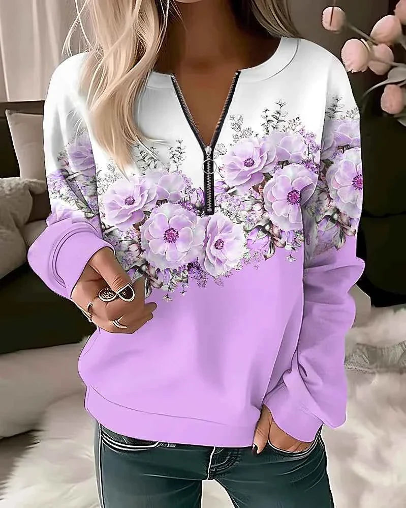 Floral Oversized Zip-Up Hoodie for Women